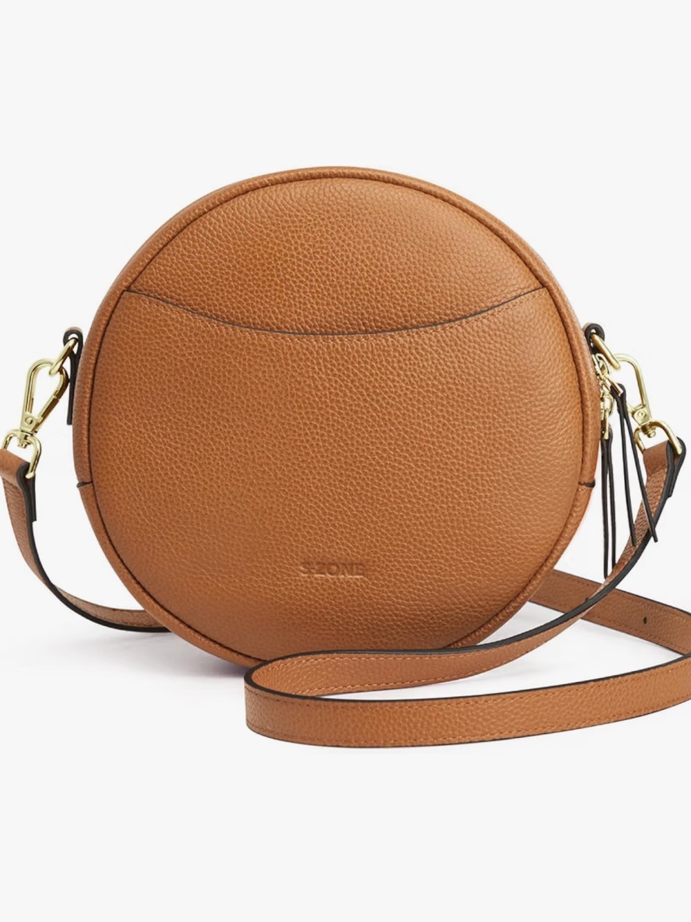 NEW - Szone Leather Brown Pebbled Round Crossbody Bag with Gold Hardware
